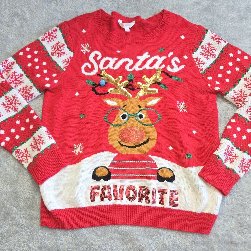 No Boundaries Juniors Red Santa's Favorite Reindeer Christmas Sweater XXXL 3XL